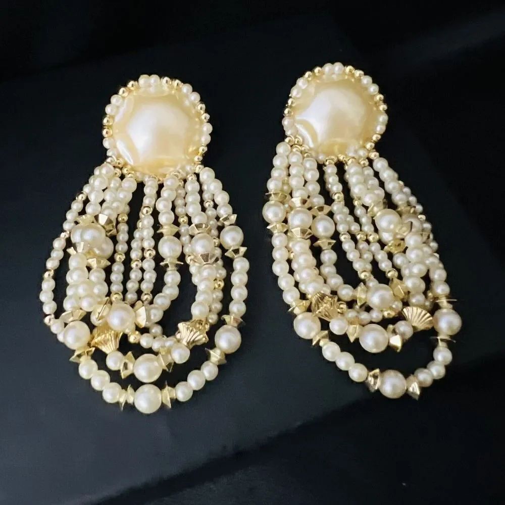 Vintage Huge Beaded Gold Tone Faux Pearl Earrings Dangle Drop Pierced XY